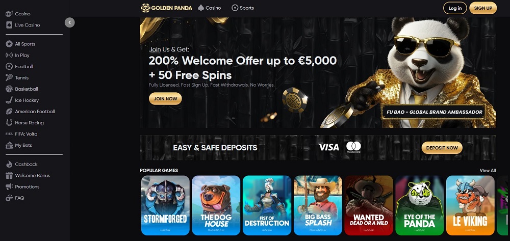 Golden Panda Casino homepage screenshot. 