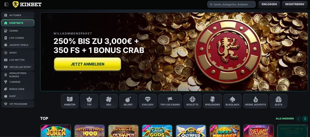 Kinbet Casino homepage screenshot. Casinos ohne Verifizierung.
