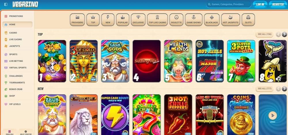 Vegasino Casino homepage screenshot. Casinos ohne Verifizierung.