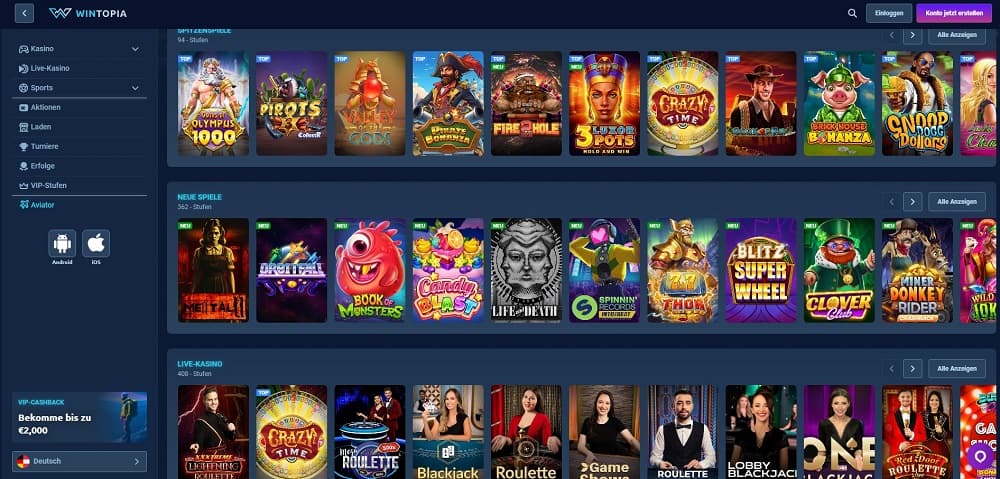 Wintopia Casino homepage screenshot. Casinos ohne Verifizierung.